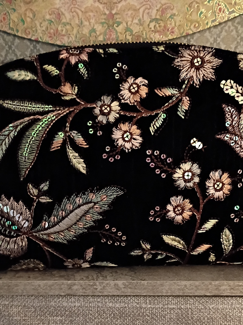 Patricia Nash Embroidered Black Floral Velvet And Leather Wristlet